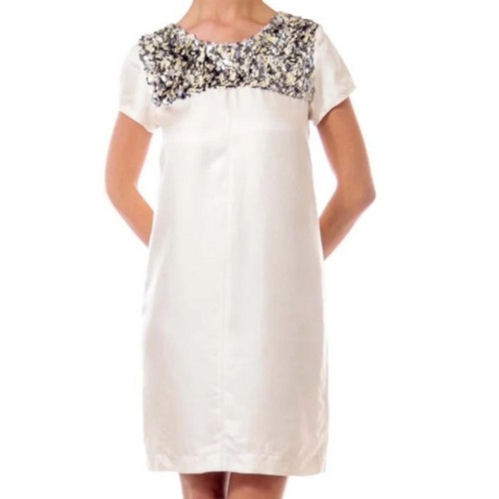 VERA WANG Women's 6 Cream Lavender Label 100% Silk Sequin Bib Shift Midi Dress